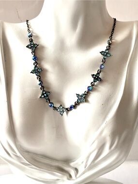 🌷5/25$ Vintage Icebox blues rhinestones flowers necklace
